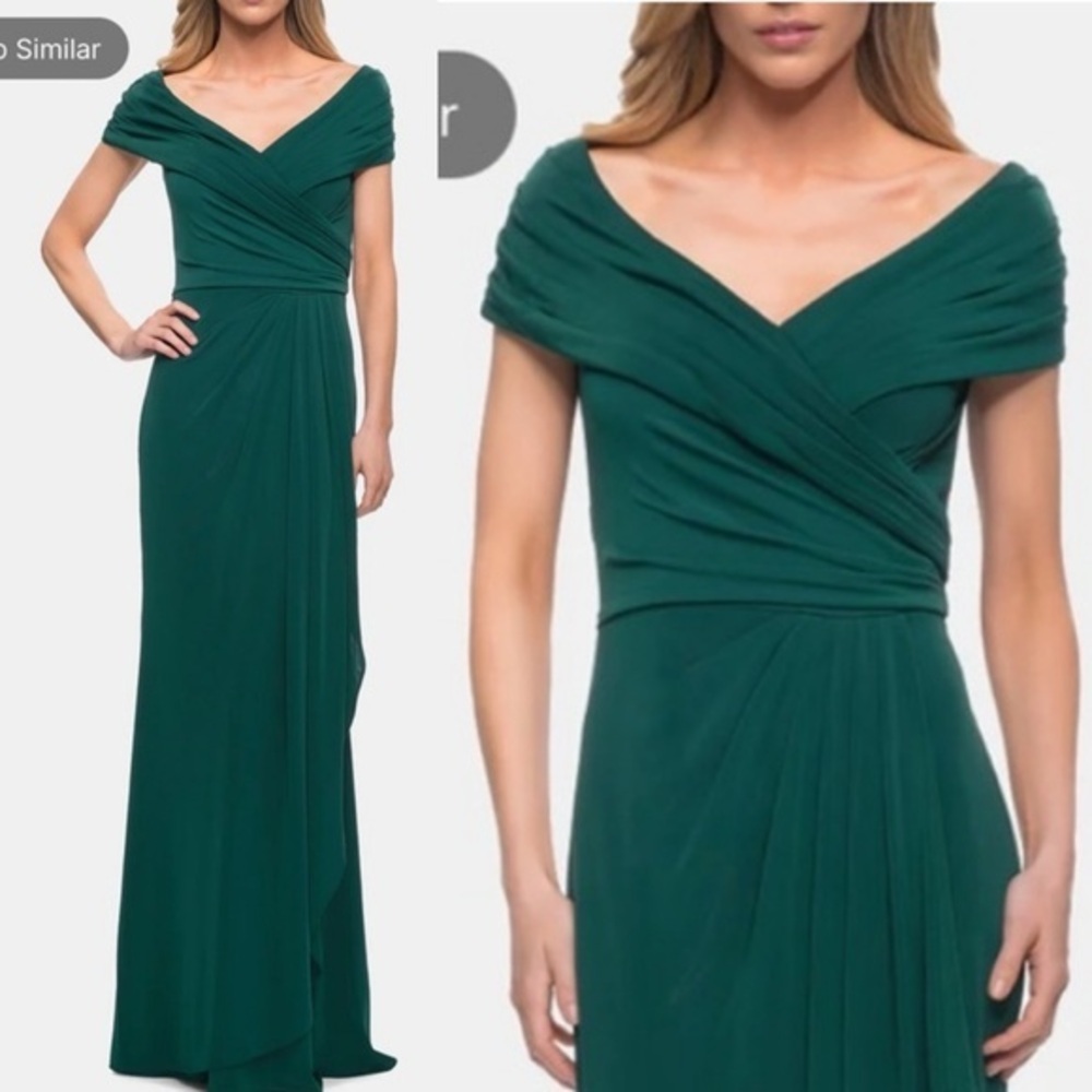 NWOT La Femme Ruched Column Jersey Long Gown in Emerald Green, Size 6